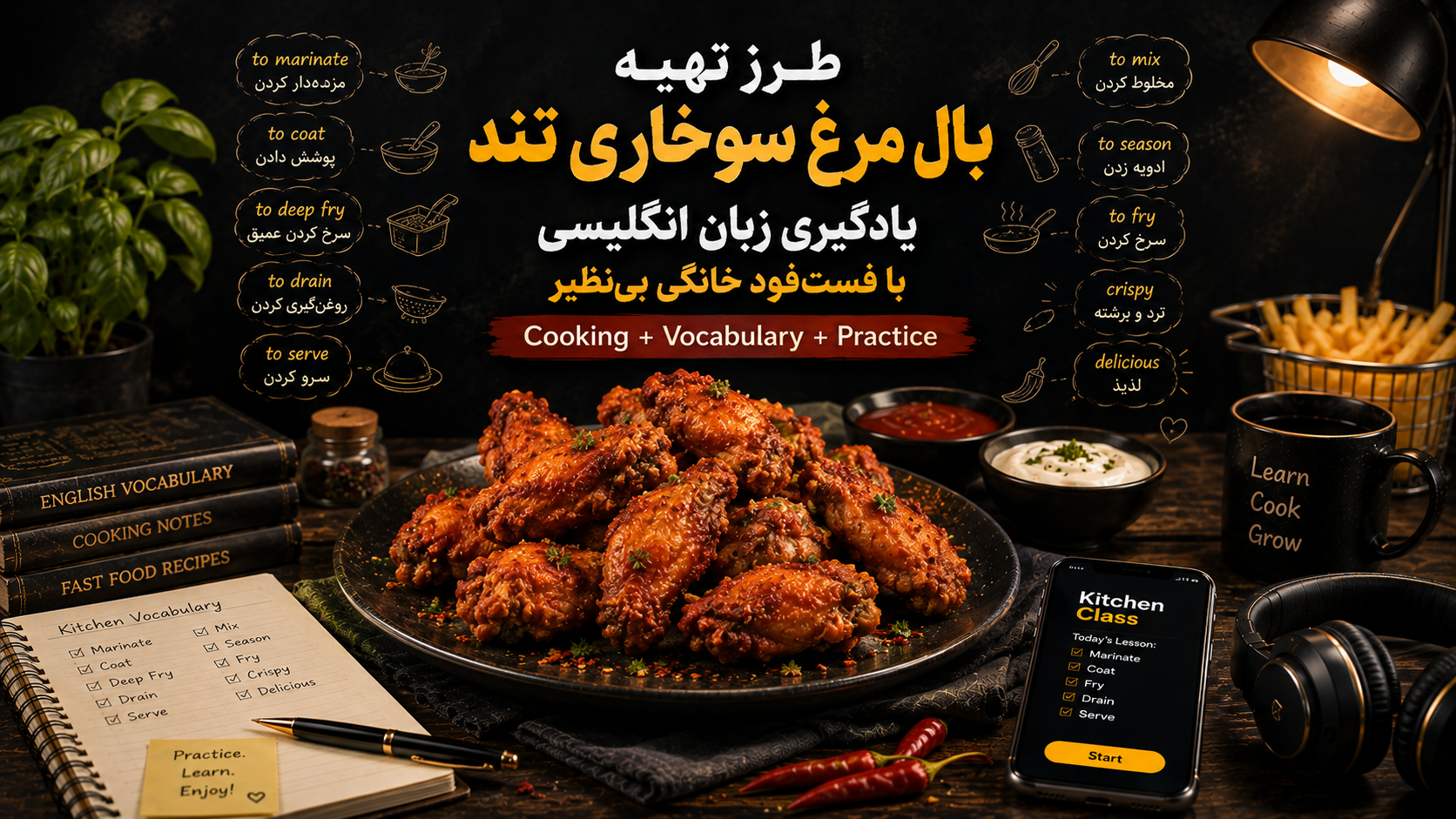 طرز تهیه بال مرغ سوخاری تند و ترد (رستورانی) به انگلیسی با ترجمه_ دستورالعمل اصلی