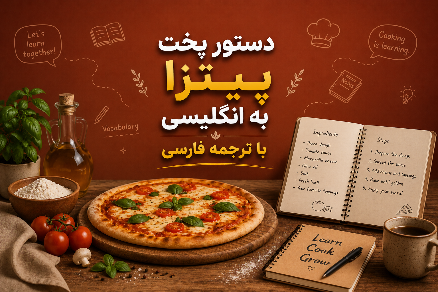 دستور پخت پیتزا به انگلیسی با ترجمه فارسی