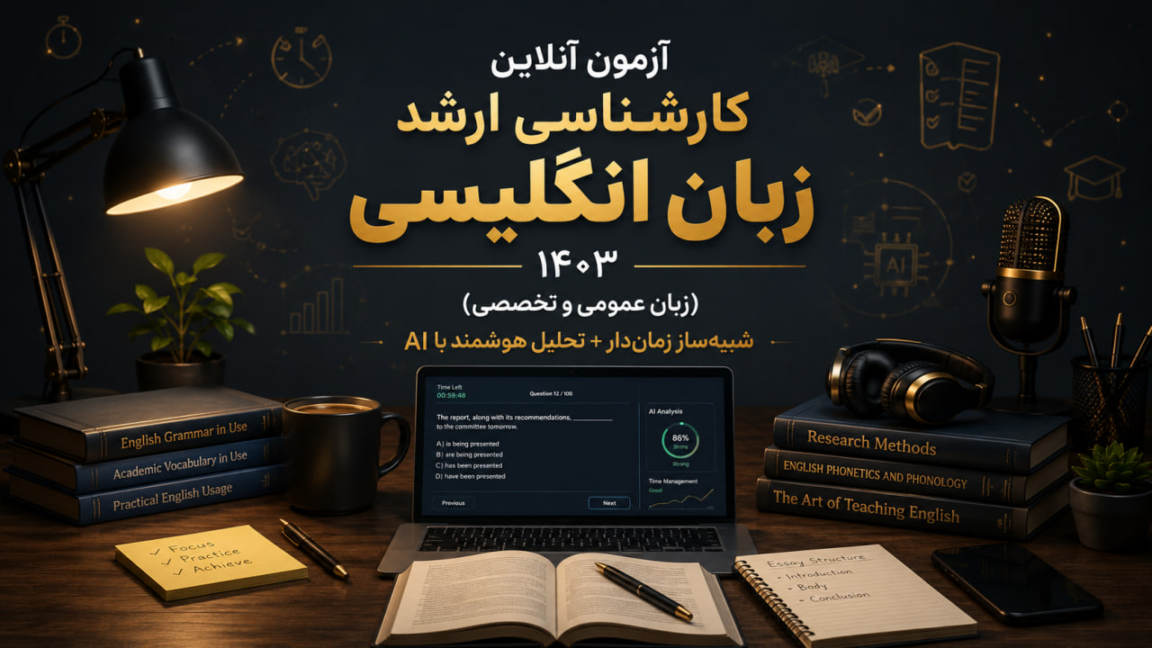 آزمون آنلاین کارشناسی ارشد زبان انگلیسی ۱۴۰۳ (زبان عمومی و تخصصی) | شبیه‌ساز زمان‌دار + تحلیل هوشمند با AI
