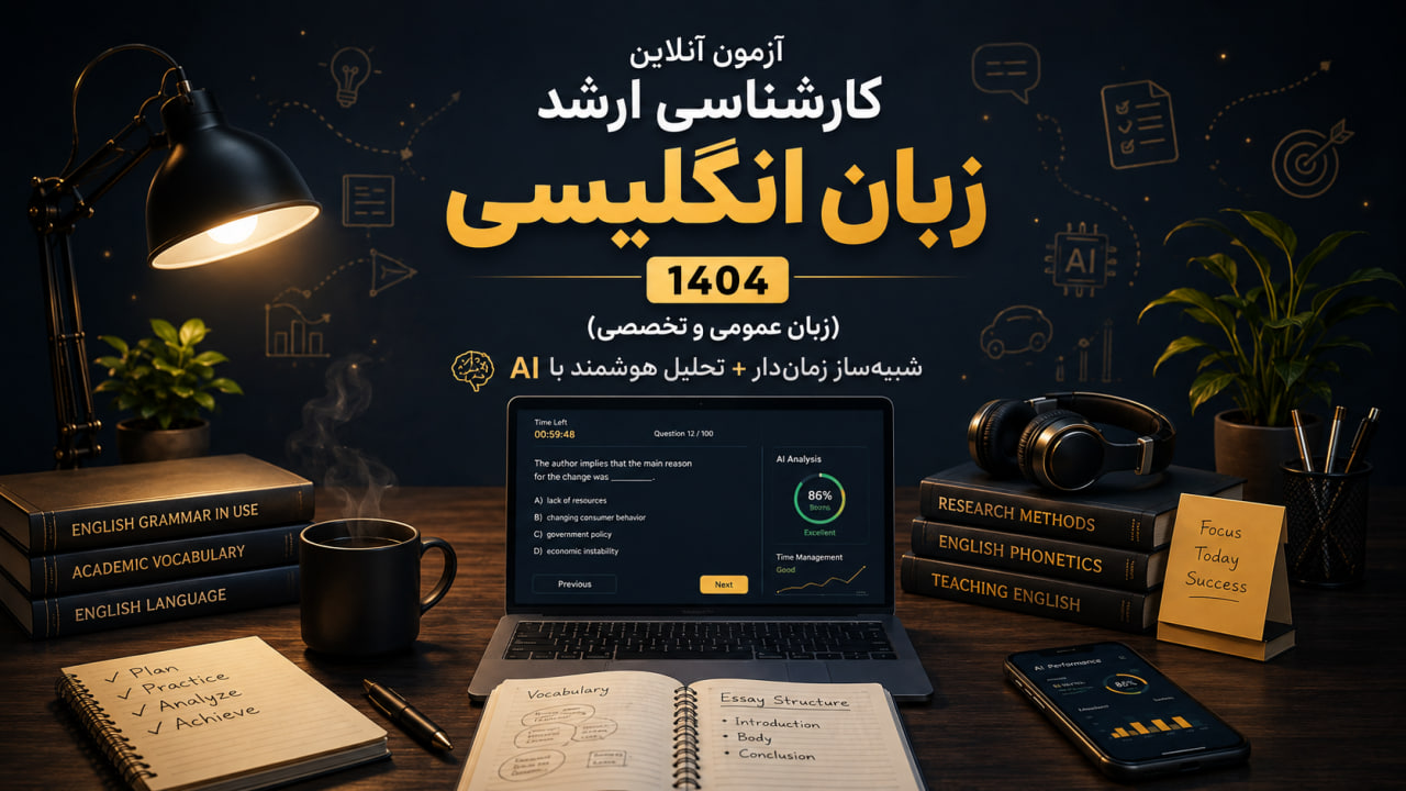 آزمون آنلاین کارشناسی ارشد زبان انگلیسی 1404 (زبان عمومی و تخصصی) | شبیه‌ساز زمان‌دار + تحلیل هوشمند با AI